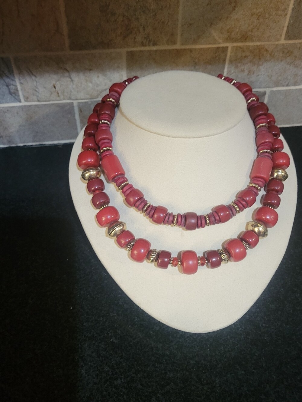 Chaps Bohemian Beaded Wood &Plastic Necklace Burgundy & Gold Chunky Style